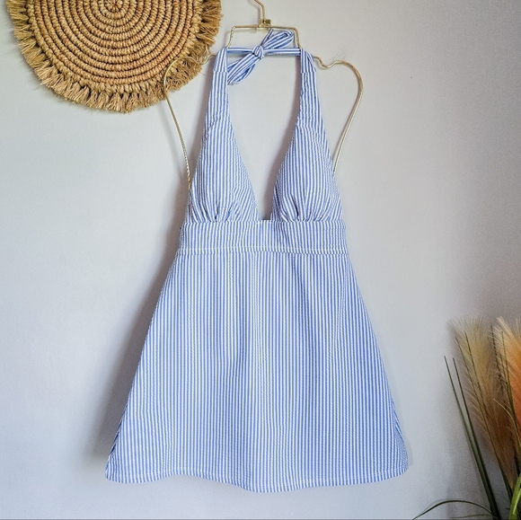 J. Crew, New Blue & White Seersucker Plunging Halter Swim Dress Swimsuit SZ 6 - Picture 10 of 10